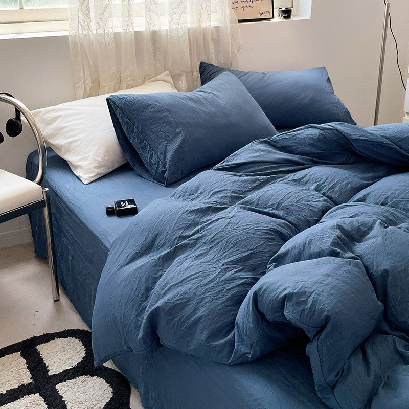Navy Solid Washed Cotton Duvet Set 4 Pieces