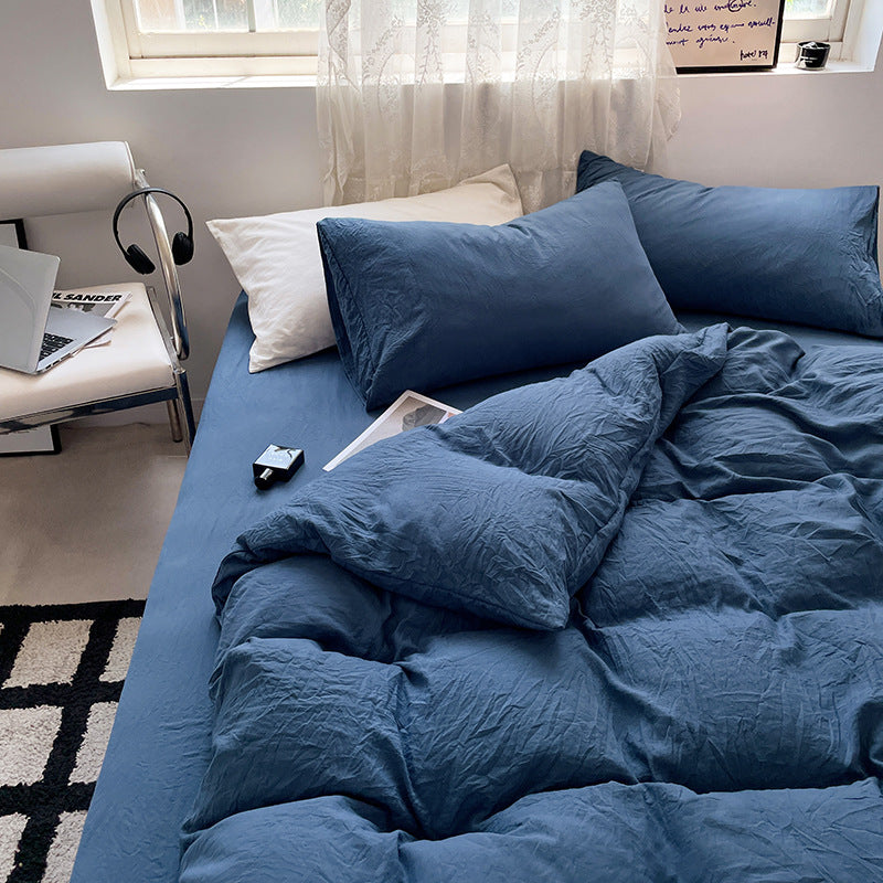 Navy Solid Washed Cotton Duvet Set 4 Pieces