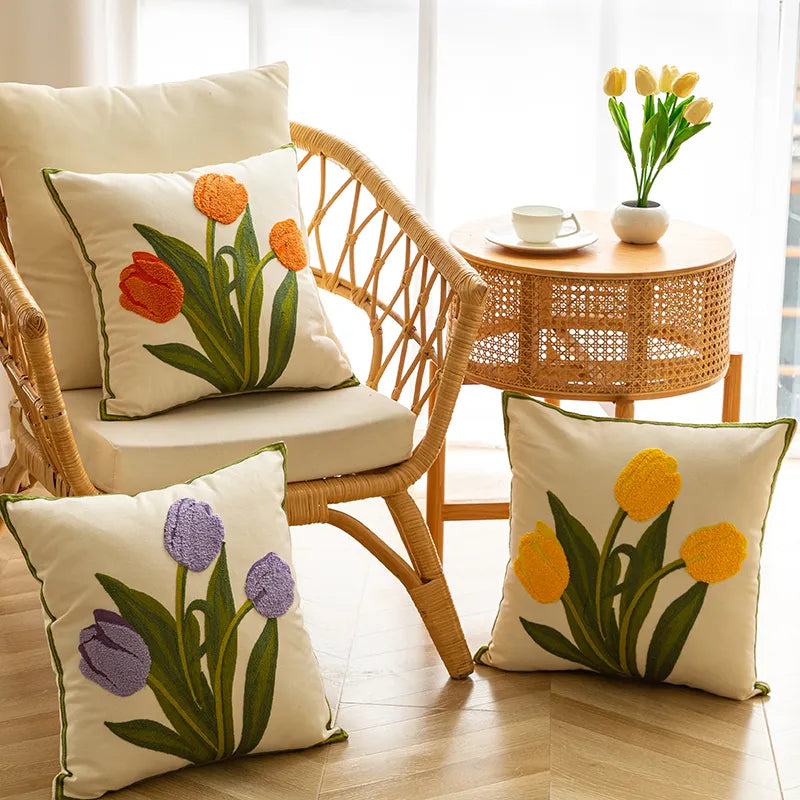 Tulip Embroidered Cushion Cover
