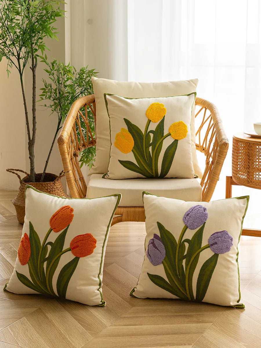 Tulip Embroidered Cushion Cover