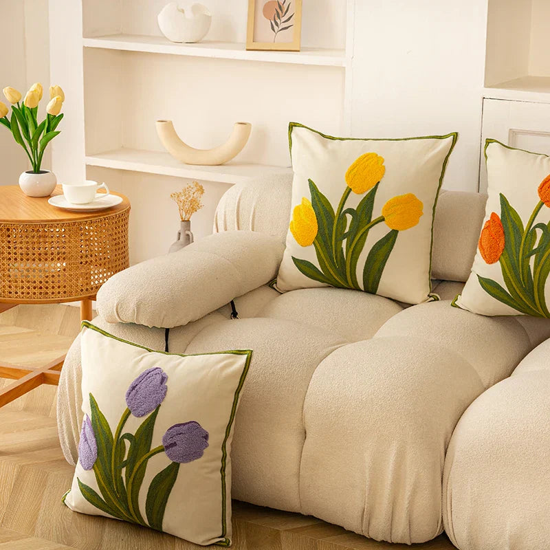Tulip Embroidered Cushion Cover