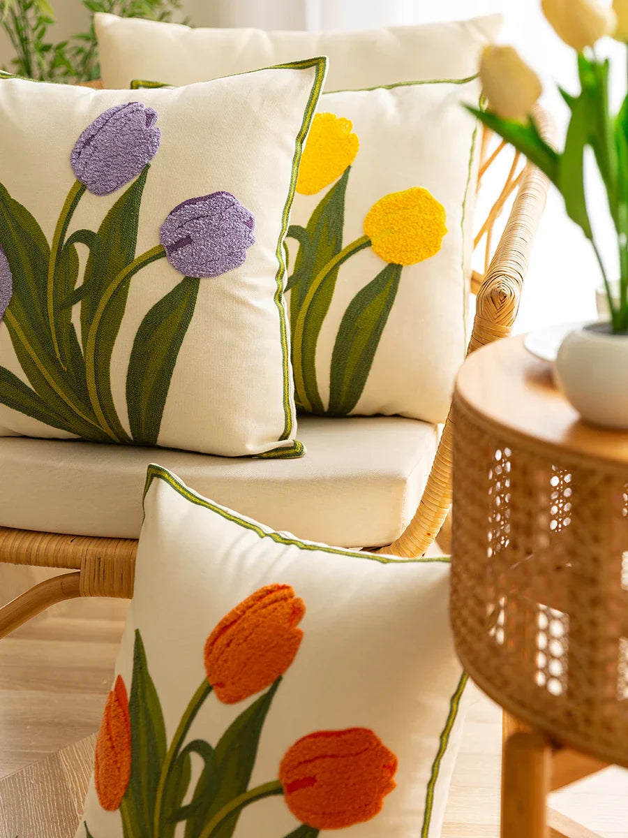 Tulip Embroidered Cushion Cover