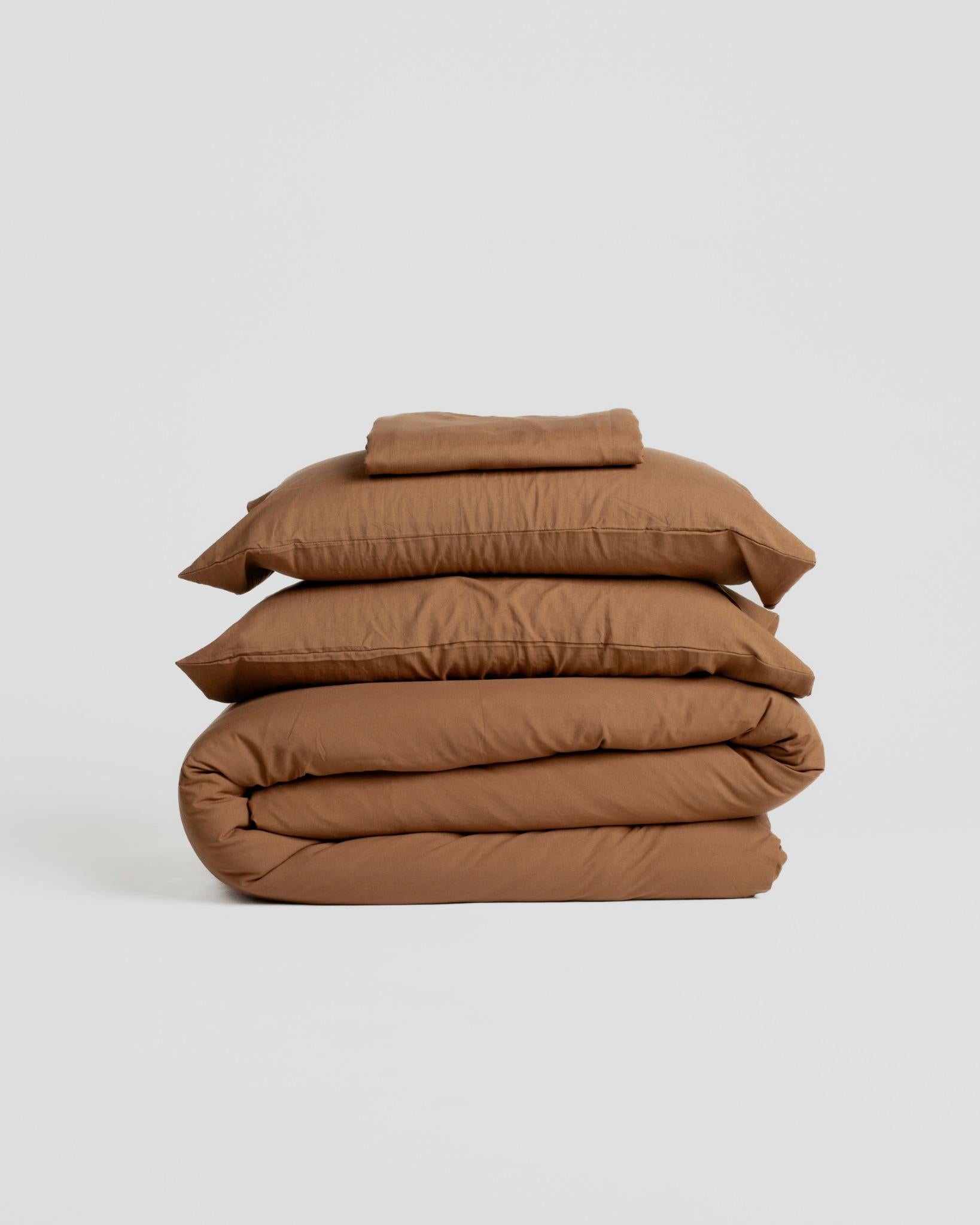 Solid Washed Cotton Duvet Set 4 Pieces - Brown