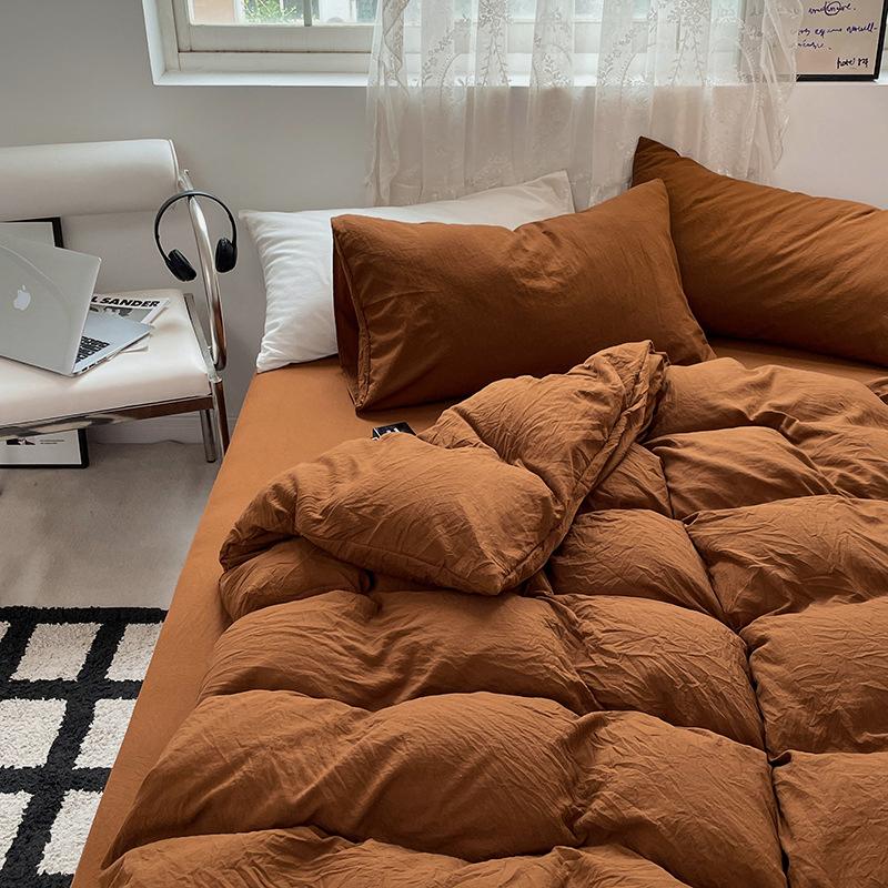 Solid Washed Cotton Duvet Set 4 Pieces - Brown